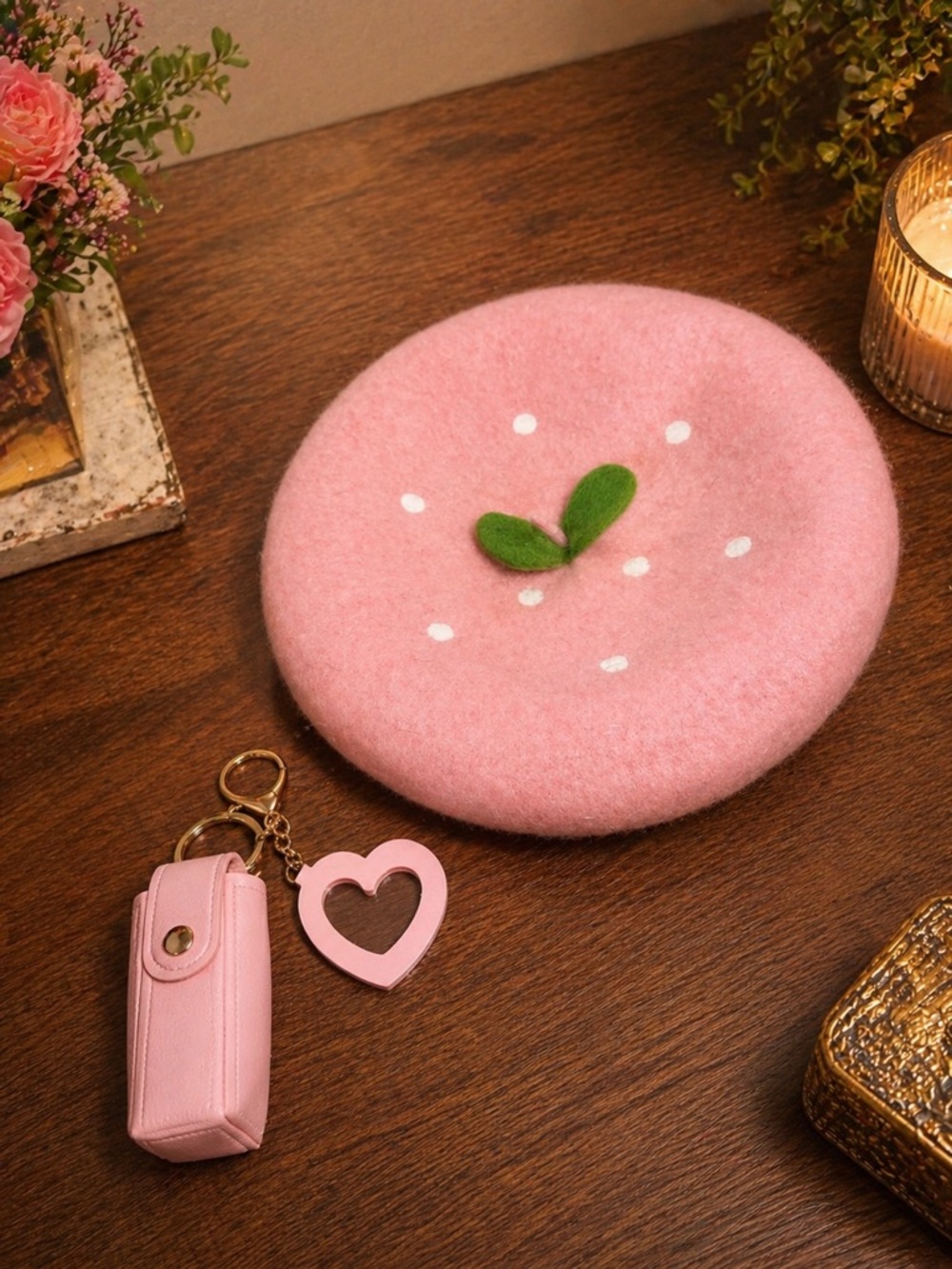 Pink Strawberry Wool Beret with Green Leaf Accent - keychain combo